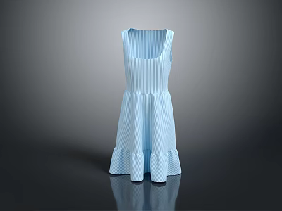 Sleeveless Light Blue Striped Dress with Ruffled Hem and Flared Silhouette 3d model