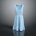 Sleeveless Light Blue Striped Dress with Ruffled Hem and Flared Silhouette