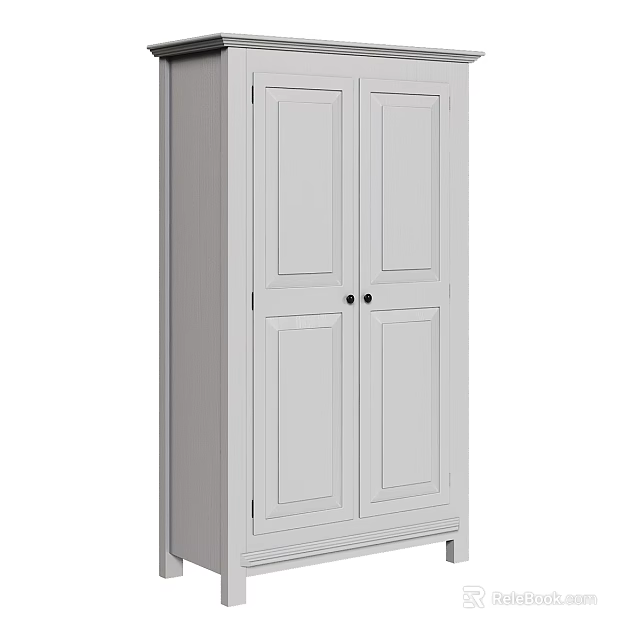 White Double Door Wardrobe With Simple Panel Design And Solid Base Structure 3d model