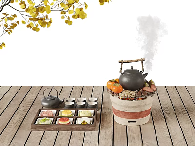 Steaming Teapot with Small Cups and Snacks on Wooden Tray Near Yellow Branches 3d model