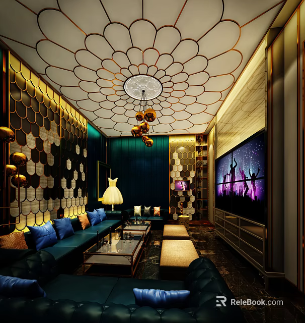 Luxury KTV Interior Design With Comfortable Sofa Large TV Screen And Decorative Wall 3d model