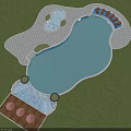 Water Fountain Design with Swimming Pool Paved Area Sun Loungers and Umbrellas
