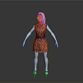 3D Character With White Hair Orange Black Striped Dress Black Belt White Stockings Black Shoes