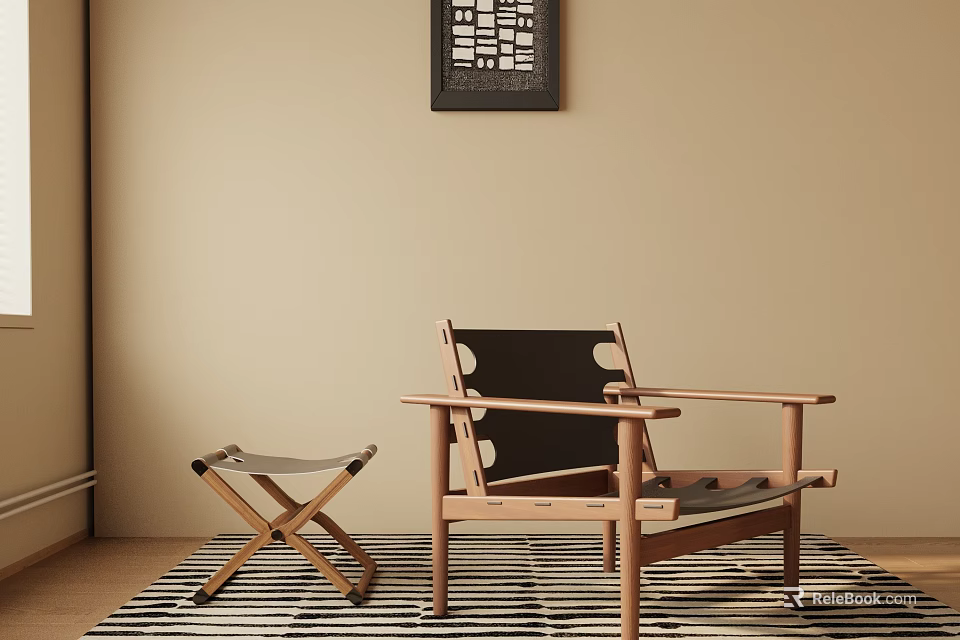 Scandinavian Style Leisure Chair With Wooden Frame Black Seat And Stool On Striped Rug 3d model 