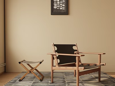 Scandinavian Style Leisure Chair With Wooden Frame Black Seat And Stool On Striped Rug 3d model