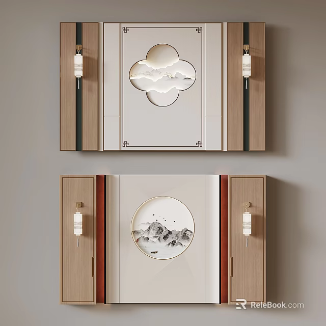 Chinese Style Decorative Panels With Wooden Frames Cloud Landscape Patterns And Lantern Decorations 3d model