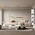Modern Living Room Interior Design With Beige Sofa Round Armchair Coffee Tables And Potted Plant