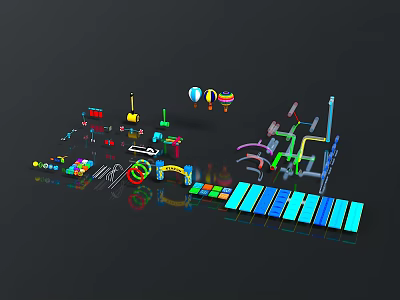 Colorful Architectural Models With Various Structures Components And Geometric Shapes On Black Background 3d model