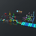 Colorful Architectural Models With Various Structures Components And Geometric Shapes On Black Background