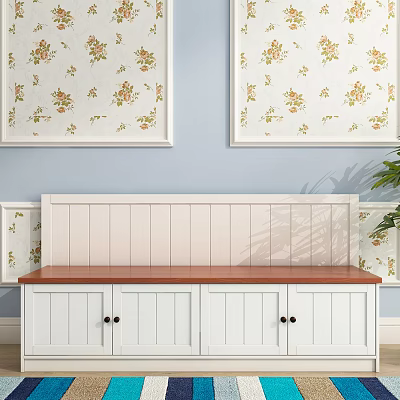 Public Bench with Wooden Top Against Light Blue Wall and Floral Paintings 3d model Public Bench with Wooden Top Against Light Blue Wall and Floral Paintings 3d model