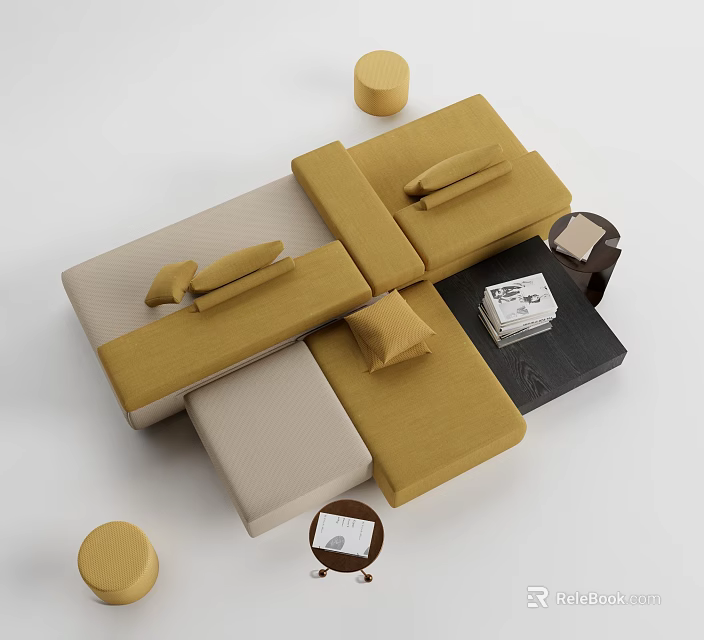 Modern Yellow And Beige Modular Sofa With Black Coffee Table Set And Decorative Items 3d model 