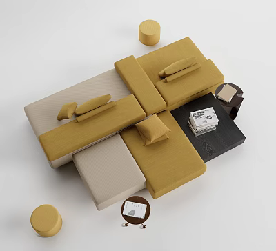 Modern Yellow And Beige Modular Sofa With Black Coffee Table Set And Decorative Items 3d model