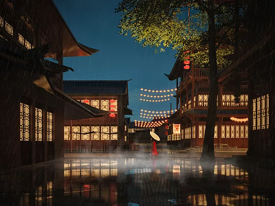 Ancient Buildings in Rainy Night With Lanterns and Red Clothed Person Reflections 3d model