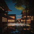 Ancient Buildings in Rainy Night With Lanterns and Red Clothed Person Reflections