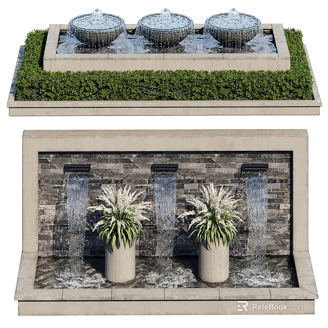 Decorative Outdoor Water Fountain With Stone Wall Water Flow And Green Plants 3d model 
