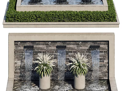 Decorative Outdoor Water Fountain With Stone Wall Water Flow And Green Plants 3d model