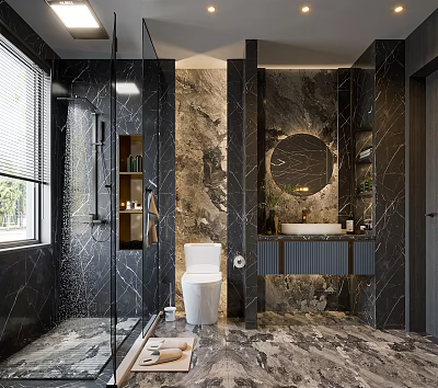 Luxurious Bathroom Interior With Marble Walls Glass Shower Round Mirror And Vanity 3d model