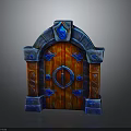 Ornate Fantasy Wooden Door With Red Carved Panels Blue Gemstone And Arch Design
