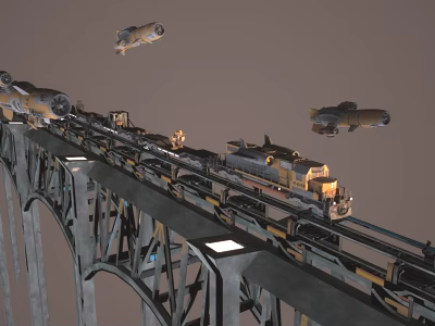 Cartoon Scene Of Metallic Bridge With Moving Train Flying Spaceships And Illuminated Lights 3d model