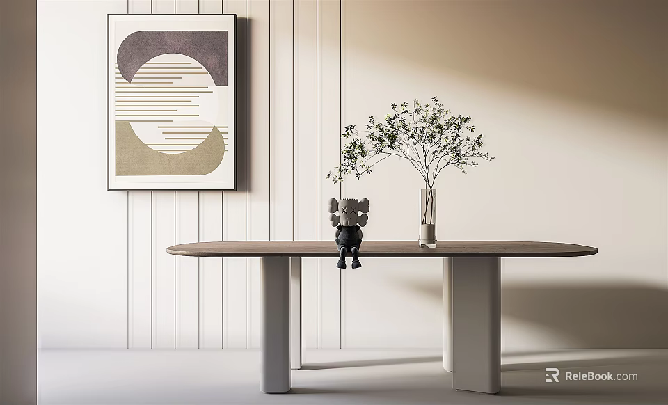 Modern Wooden Dining Table With Metal Legs Vase Plant And Wall Art 3d model 