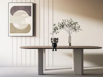 Modern Wooden Dining Table With Metal Legs Vase Plant And Wall Art 3d model