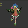 Anime Game Character With Blue Hair Horns Wearing Red Dress Black Wings Holding Lollipop