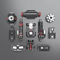 Black Red Mechanical Components Collection Featuring Various Gear Spring And Housing Parts