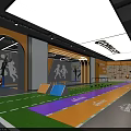 Indoor Playground With Colorful Floor Track Climbing Wall And Sport Silhouettes