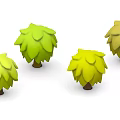 Cartoon Scene With Four Stylized Trees Having Green Yellow Leaves And Brown Trunks