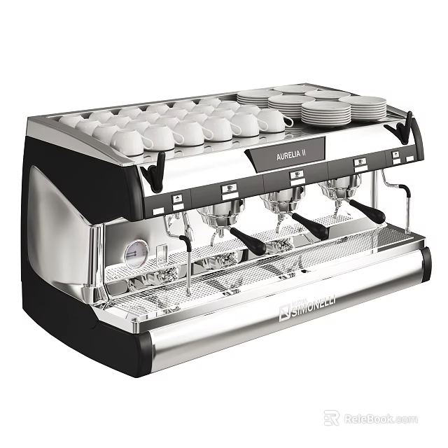 Stainless Steel Professional Espresso Machine Kitchen Appliance With Coffee Cups And Saucers 3d model 