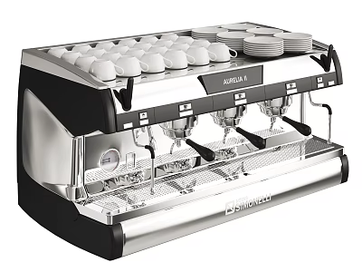 Stainless Steel Professional Espresso Machine Kitchen Appliance With Coffee Cups And Saucers 3d model