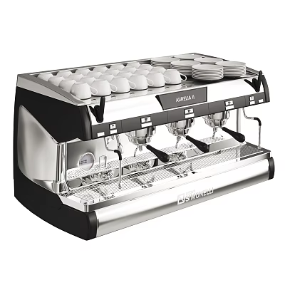 Stainless Steel Professional Espresso Machine Kitchen Appliance With Coffee Cups And Saucers 3d model