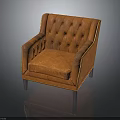 Elegant Orange Leather Tufted Armchair With Gold Stitching And Wooden Legs