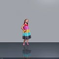 Little Girl In Colorful Striped Dress Standing On Gray Floor With Shadow And Reflection