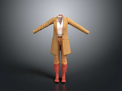 Woman Wearing Beige Trench Coat White Shirt Brown Pants And Red Boots 3d model