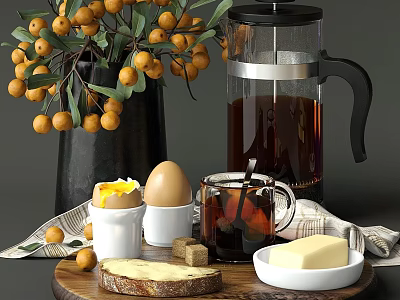 Cozy Decorative Ornament Set Featuring Black Vase Yellow Berries French Press Eggs Butter And Bread 3d model