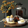 Cozy Decorative Ornament Set Featuring Black Vase Yellow Berries French Press Eggs Butter And Bread