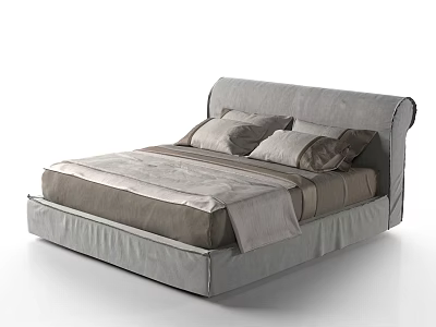 Modern Double Bed With Upholstered Headboard And Plush Neutral Bedding 3d model