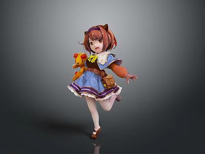 Woman with brown hair in blue dress holding yellow teddy bear in running pose 3d model