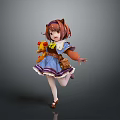 Woman with brown hair in blue dress holding yellow teddy bear in running pose