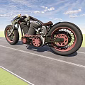 Custom Vintage Motorcycle With Pink Wheels Exposed Engine And Road Under Blue Sky
