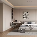 Modern Bedroom Interior With Comfortable Bed Decorative Artwork Desk And Bookshelves