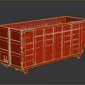 Red Metal Dumpster With Rusty Green Spots And Wheels On Reflective Surface