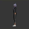 Woman With Purple Hair Blue Horns Black Top Plaid Accent Black Pants White Shoes