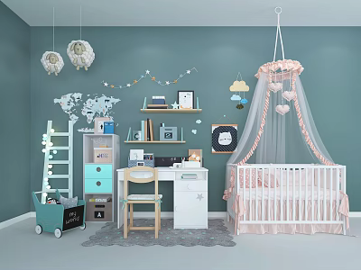 Cozy Kids Room With Wooden Desk Bookshelf World Map And Cloud Decorations 3d model