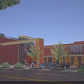 Modern School Building With Red Brick Exterior Large Glass Windows Yellow Accents And Surrounding Trees