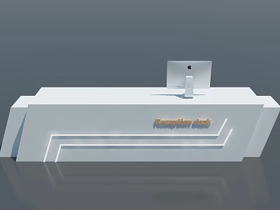 Modern White Reception Desk With Smooth Surface And Computer Monitor 3d model