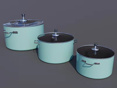Three Light Green Cooking Pots With Black Lids And Silver Handles 3d model
