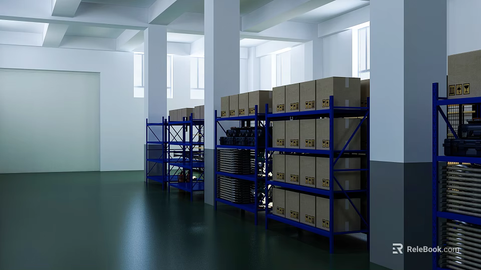 Warehouse Storage Area Featuring Blue Shelves Cardboard Boxes White Walls And Green Floor 3d model 