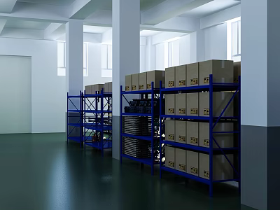 Warehouse Storage Area Featuring Blue Shelves Cardboard Boxes White Walls And Green Floor 3d model
